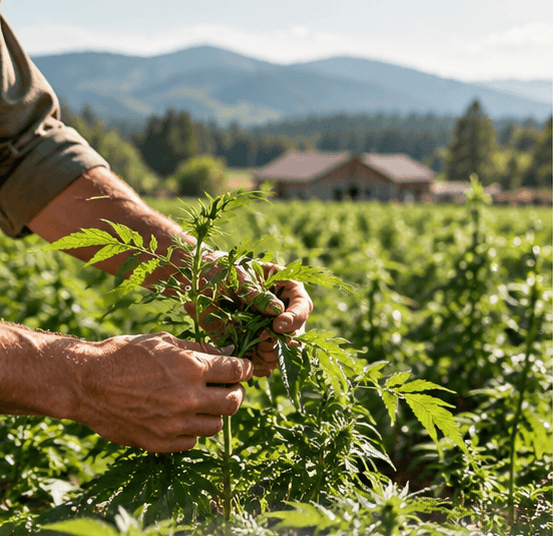 Harvesting organic herbs by hand in our fields
