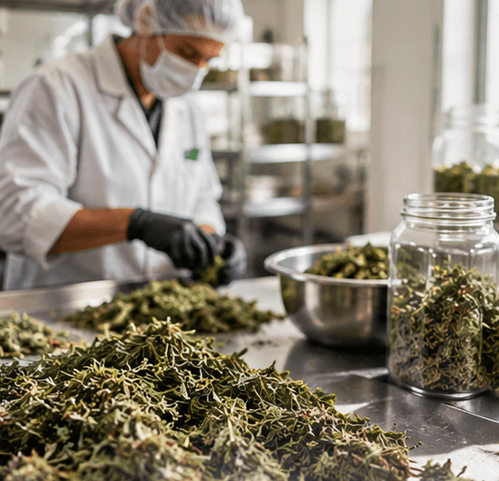 Botanicals being dried and processed in our cGMP facility