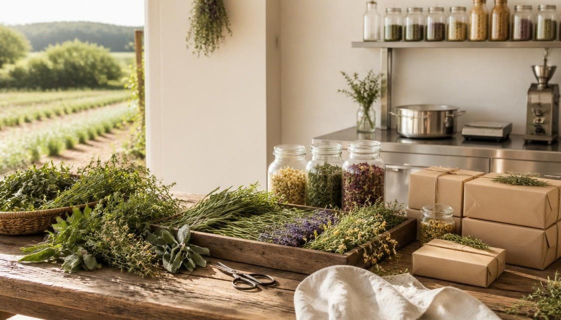 Fresh organic herbs and botanicals in harvest bowl